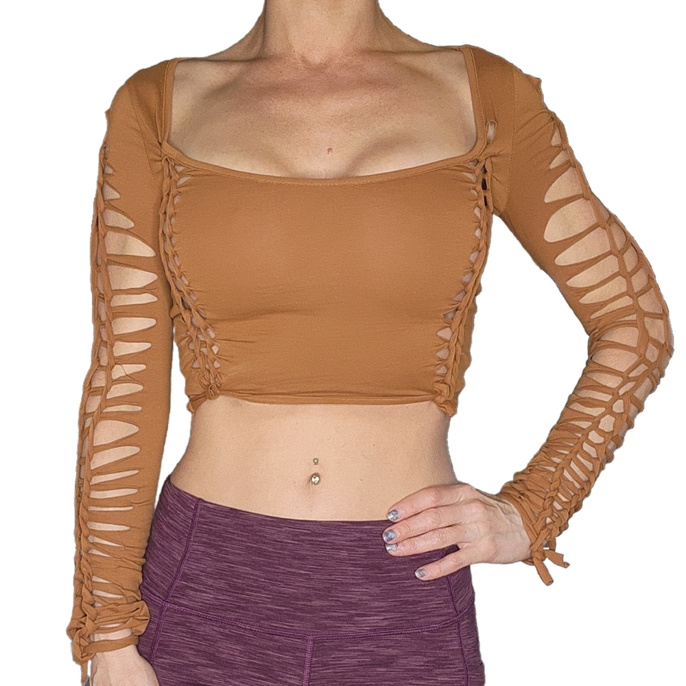 Current Mood Tan Long Sleeve Cutout Long Sleeve Crop Top Size XS